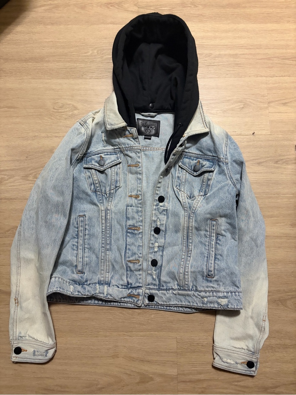 Blank NYC Light Blue Denim Jacket with Black Detachable Hood in Large